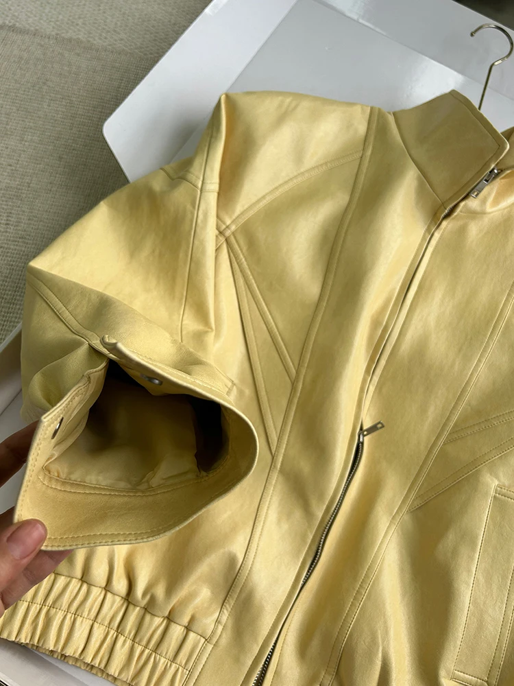 Lautaro Frühling Herbst Gelbe PU-Lederjacke für Damen mit Reißverschluss, Langarm, Looe Casual Luxus Designer Amerikanische Retro-Kleidung 2026 – Detail 8