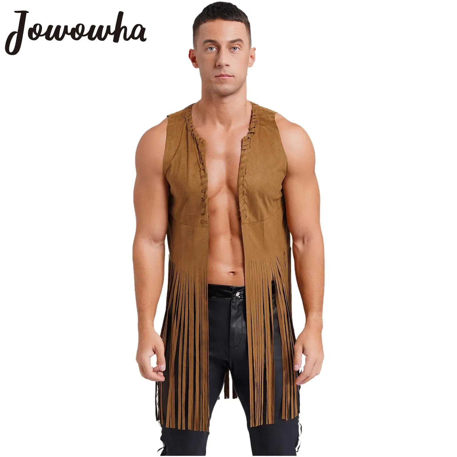 Mens Medieval Western Cowboy Costume Vintage Fringe Waistcoat Open Front Suede Tank Top for Halloween Steampunk Party Cosplay