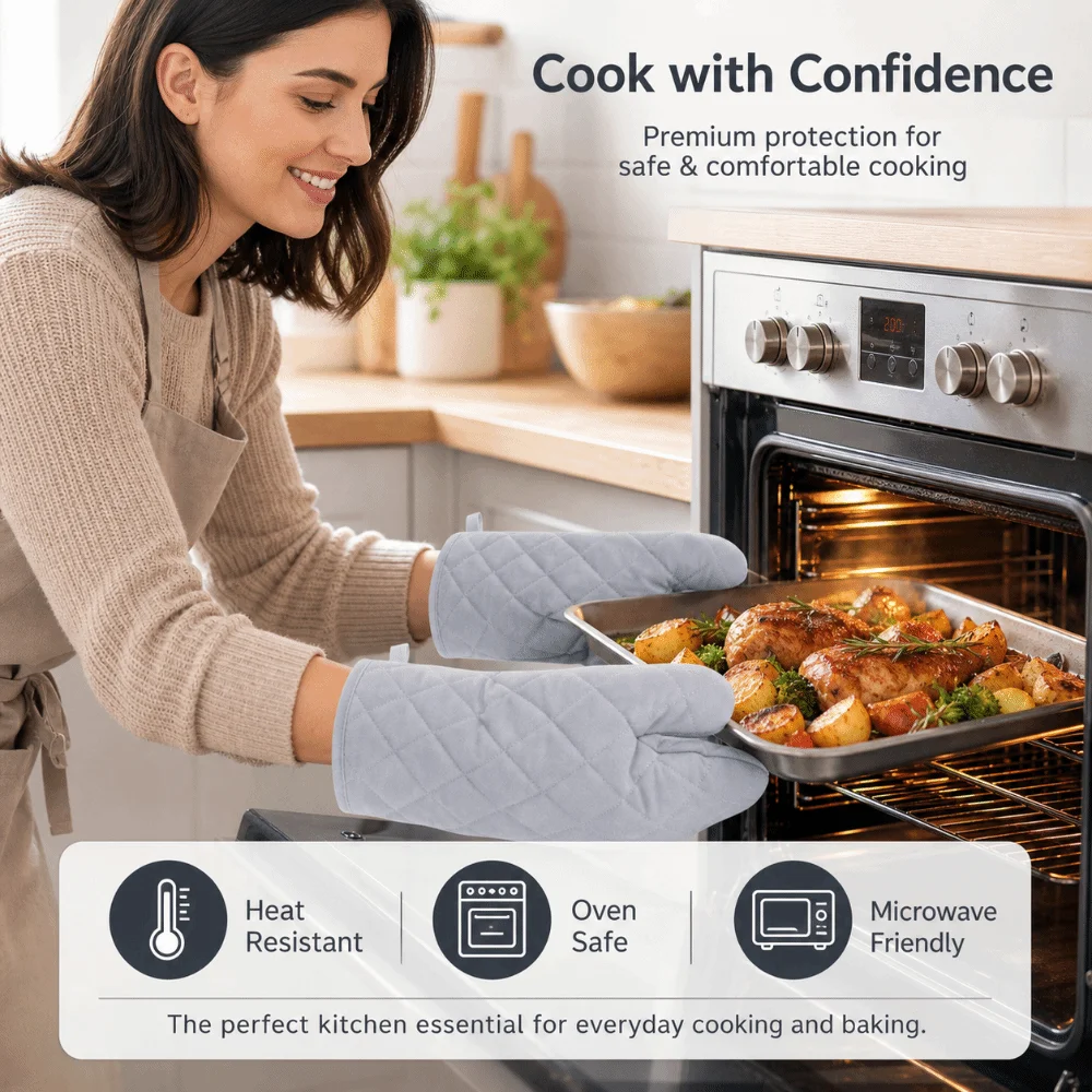 Quilted Cotton Oven Mitts Heat Resistant Non-Slip Microwave Oven Gloves Hanging Anti-Scalding BBQ Baking Gloves Outdoor