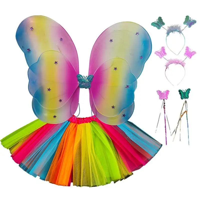 Feenkostüm für Mädchen, Feenkostüme für Kinder mit Lichtern, 4-teiliges Lichtern, Feenflügel-Packung, Schmetterlingsstab, Cosplay