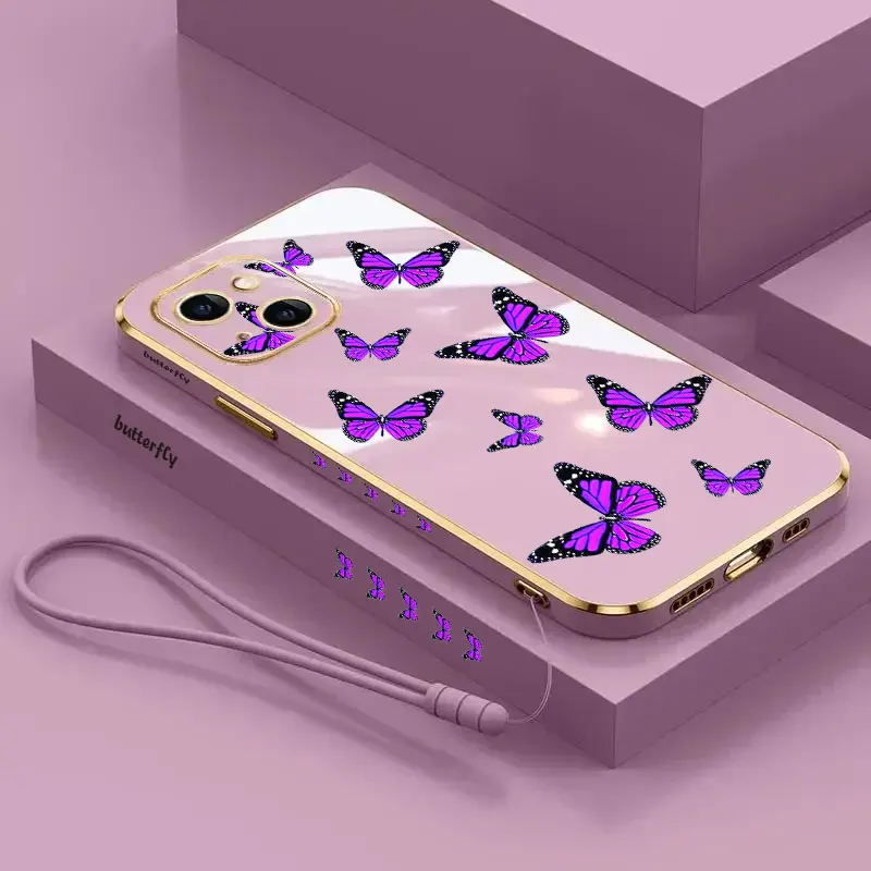 

Purple Butterfly Luxury Plating Silicone Phone Case for iPhone 15 14 11 13 12 Pro Mini Max XR X 8 7 Plus Protection Soft Cover