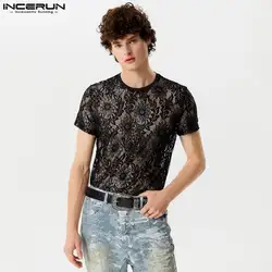 INCERUN Tops 2024 Stylish New Mens O-neck Hollow Print T-shirts Male Sexy Slightly See-through Thin Short Sleeved Camiseta S-5XL