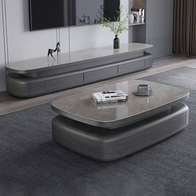 Italian Modern Simple Oval Rock Plate Coffee Table TV Stand Cabinet Combination for Large Small Apartments for Living Room