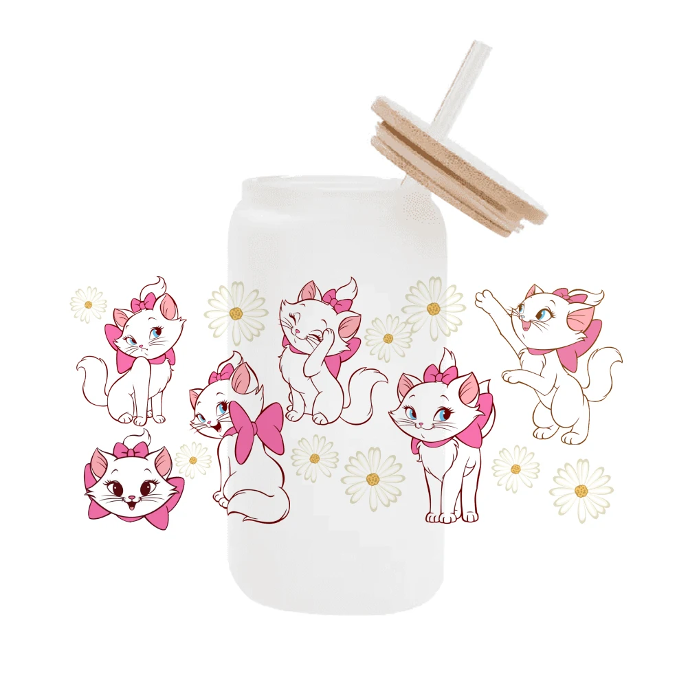 Disney Marie Cat wasserdichter Aufkleber UV Dtf Cup Wrap 16oz für Libbey Glas Permanent kleber bereit, keine Wärme erforderlich aufzutragen