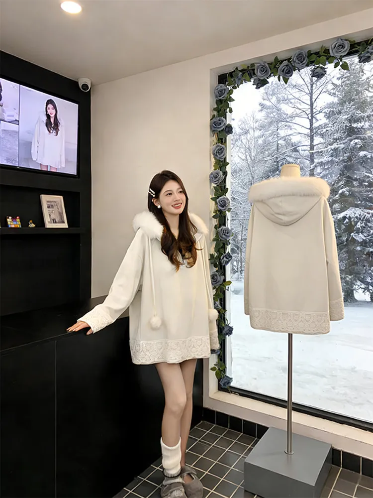 

Романтический белый кружевной вязаный свитер, женский зимний свободный свитер средней длины, теплая основа, женский дышащий длинный све