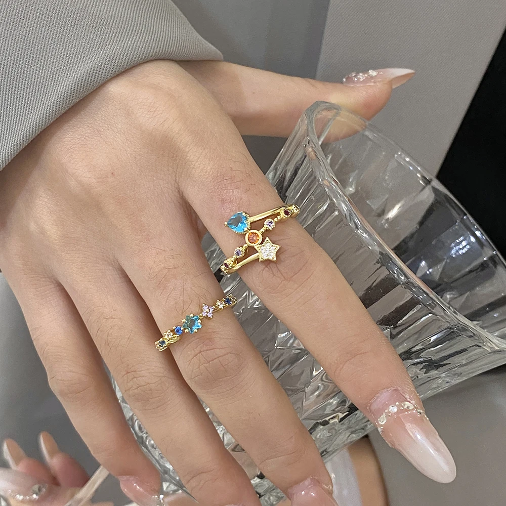 

DODOHAO 2-Piece Set Classic Star Heart Rhinestone Open Ring for Women Gold Plated Waterproof Adjustable Ring Lady Party Jewelry