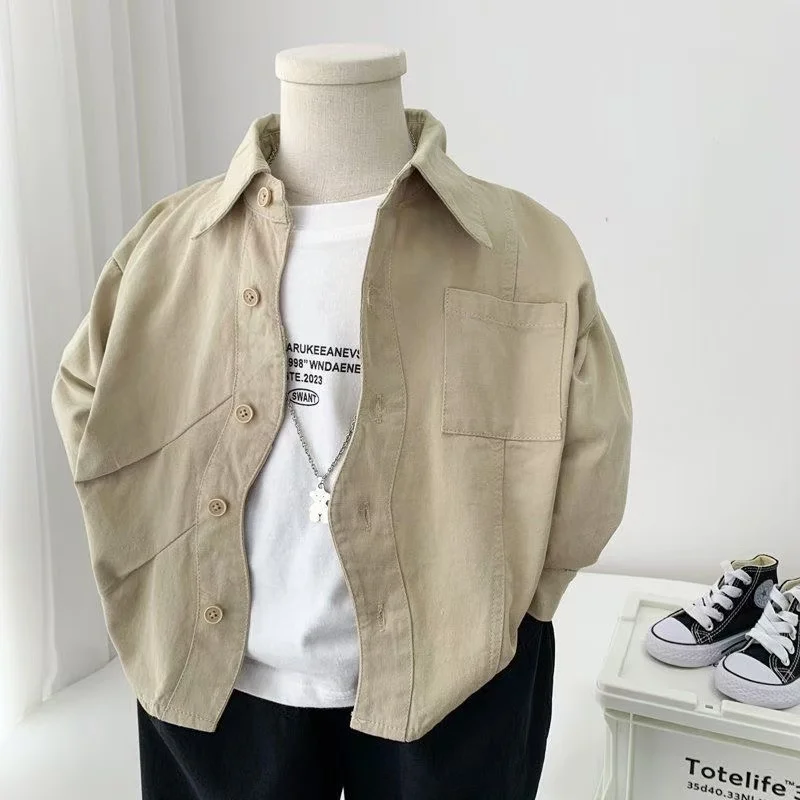 New Boys' Pure Cotton Shirt Children's Spring and Autumn Long Sleeved Shirt Children's Korean Version Versatile Solid Color Top