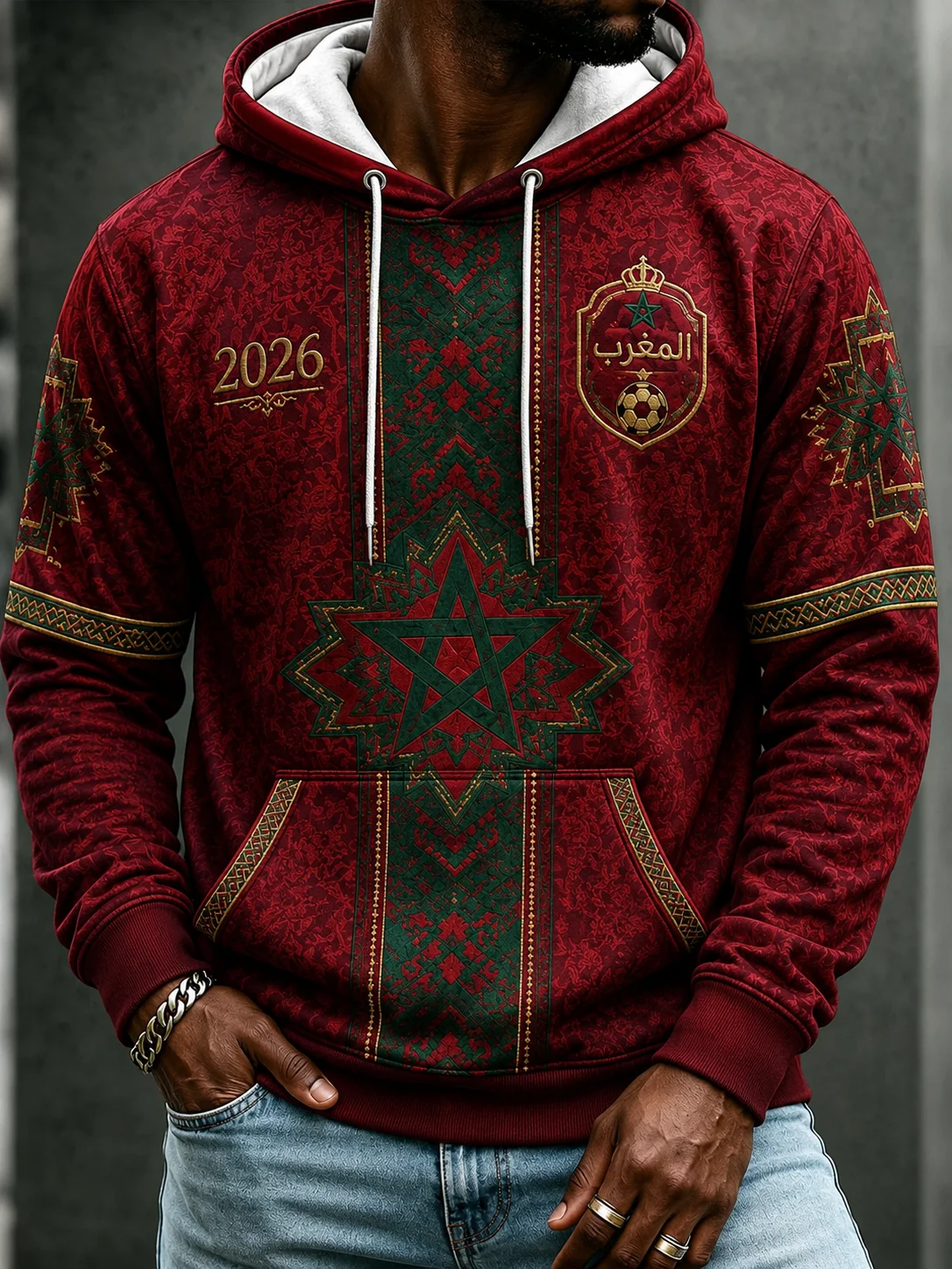 2026 Morocco Football Fans Hoodie Men Red Letter Print Hoodie Team Soccer Supporter Casual Sports Jersey Top