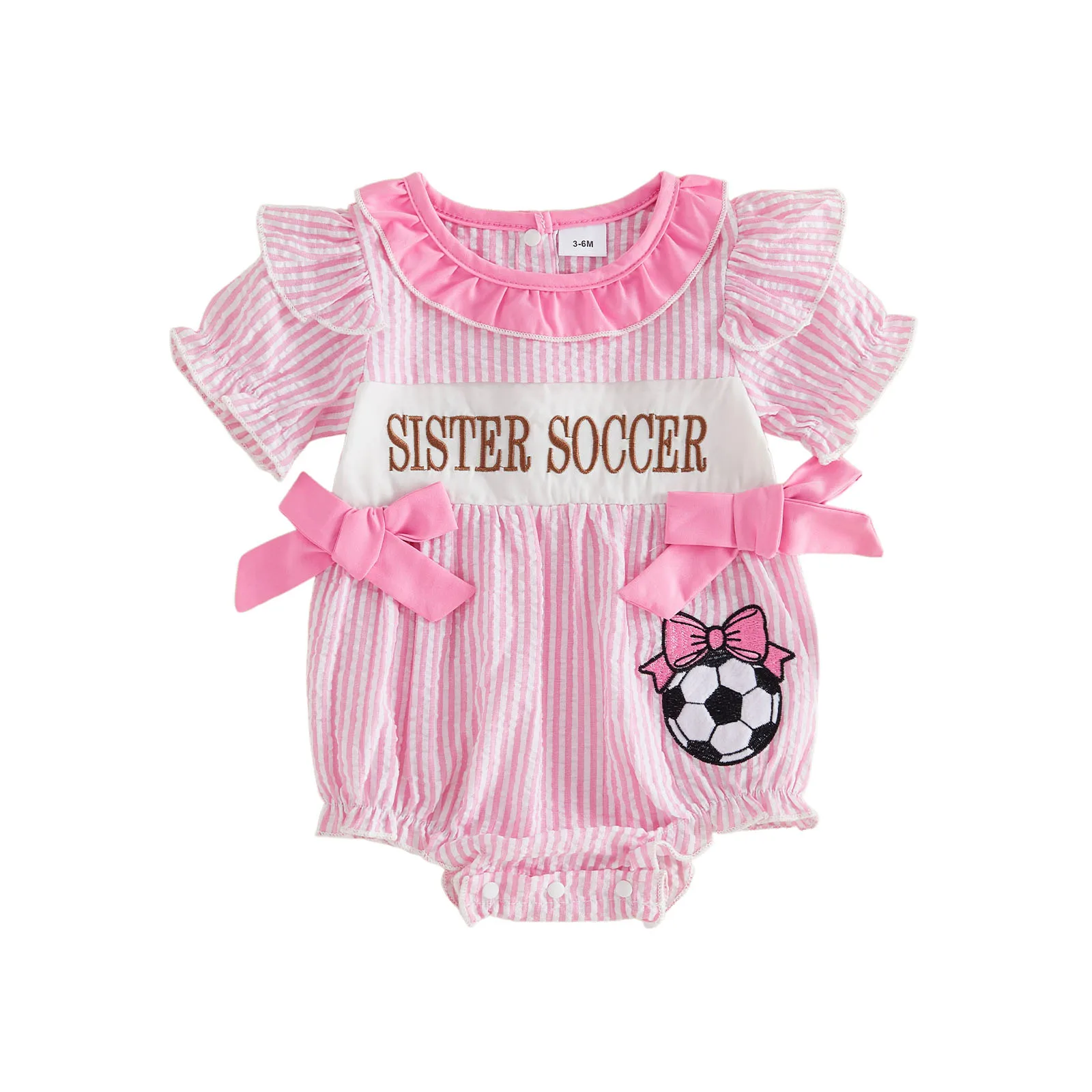 

Baby Girls Summer Striped Romper Football Letter Embroidery Side Bow Short Sleeve Newborn Jumpsuit for Toddler