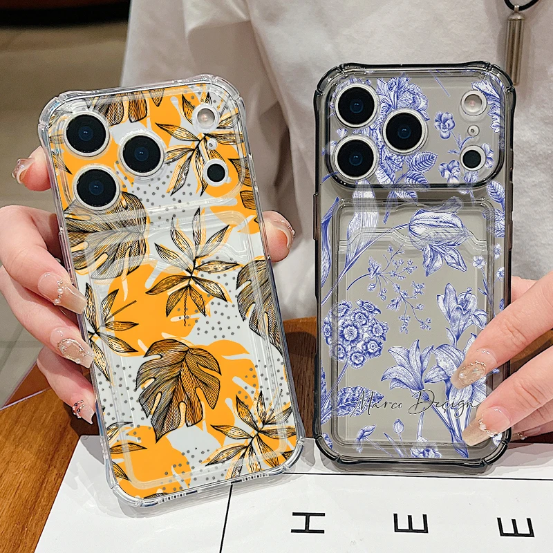 Purple Flower Printed Clear Phone Case For iPhone 17e 18 17 Pro Max 16 15 14 13 Pro Max 16e Card Pocket Soft TPU Silicone Cover