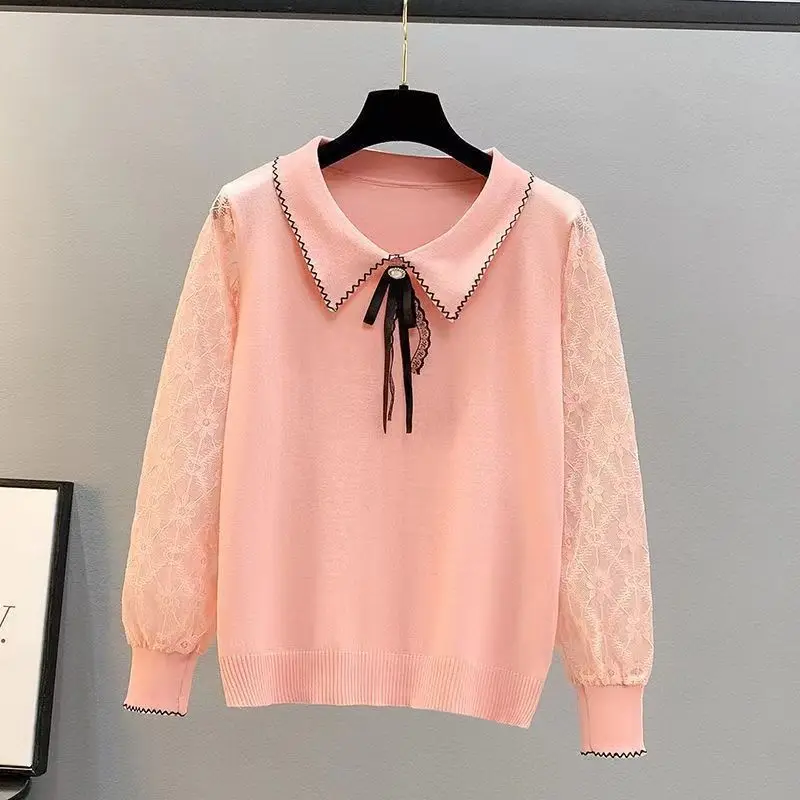 

S-6XL Lace Bottoming Shirt for Women Spring Autumn New Air Conditioning Sun Protection Top Thin Long Sleeve Knitted Shirt