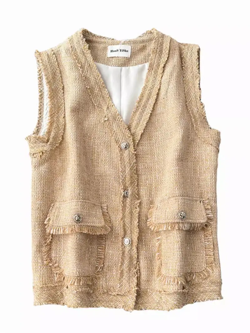 Koreaanse Gilet Dames 2024 Zomer Retro Stijl V-Hals Metalen Knoop Losse Casual Veelzijdig Mouwloos Vest Jack K1714