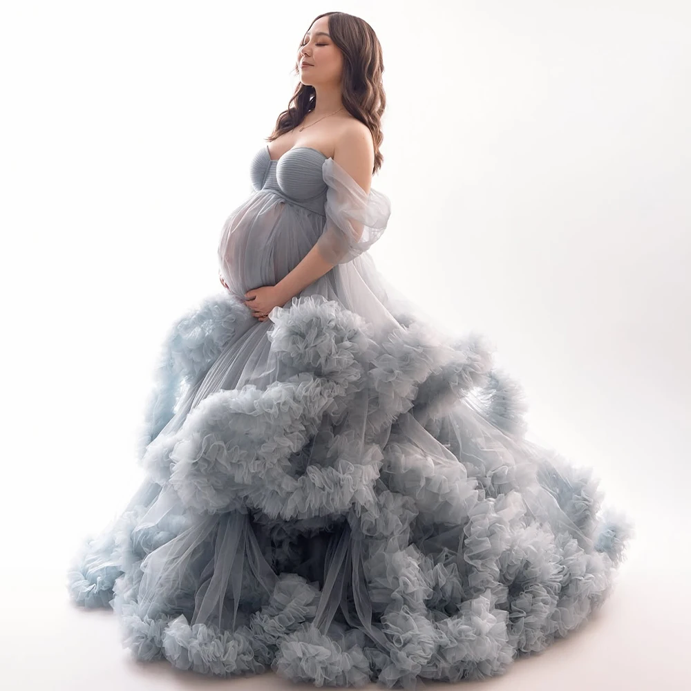 Maternity Prom Dresses Layers Front Split Ruffled Tiered Dress Customized Off The Shoulder Pregnant Women Gown Photography Dress