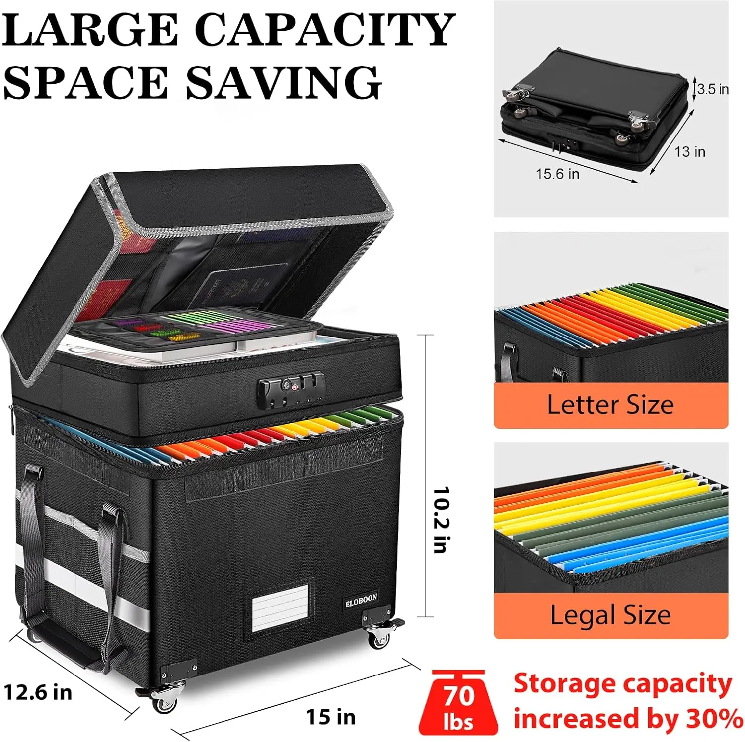 Fireproof Document Box with Wheels, Collapsible File Organizer for Home & Office, Black