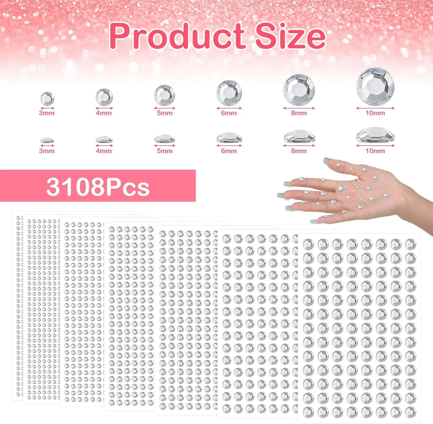 3108 Pcs Rhinestone Stickers, Clear Self Adhesive Gems for Face Hair Makeup, Assorted Sizes Bling Jewel Stickers for Crafts - view 2