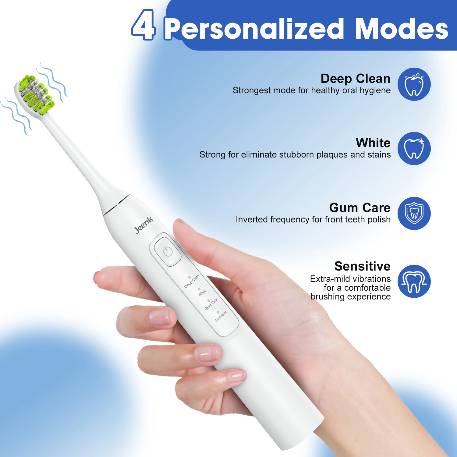 Jeenk 42000VPM Deep Clean Sonic Electric Toothbrush 4 Modes USB Rechargeable 30 Day Battery Travel