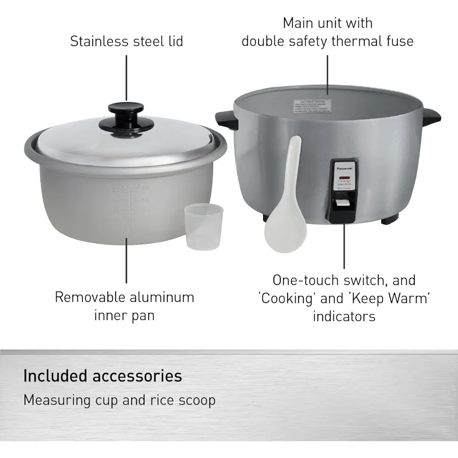 46カップの炊飯容量と23カップの生米容量を備えた業務用炊飯器。ワンタッチ操作と8時間保温機能付き。