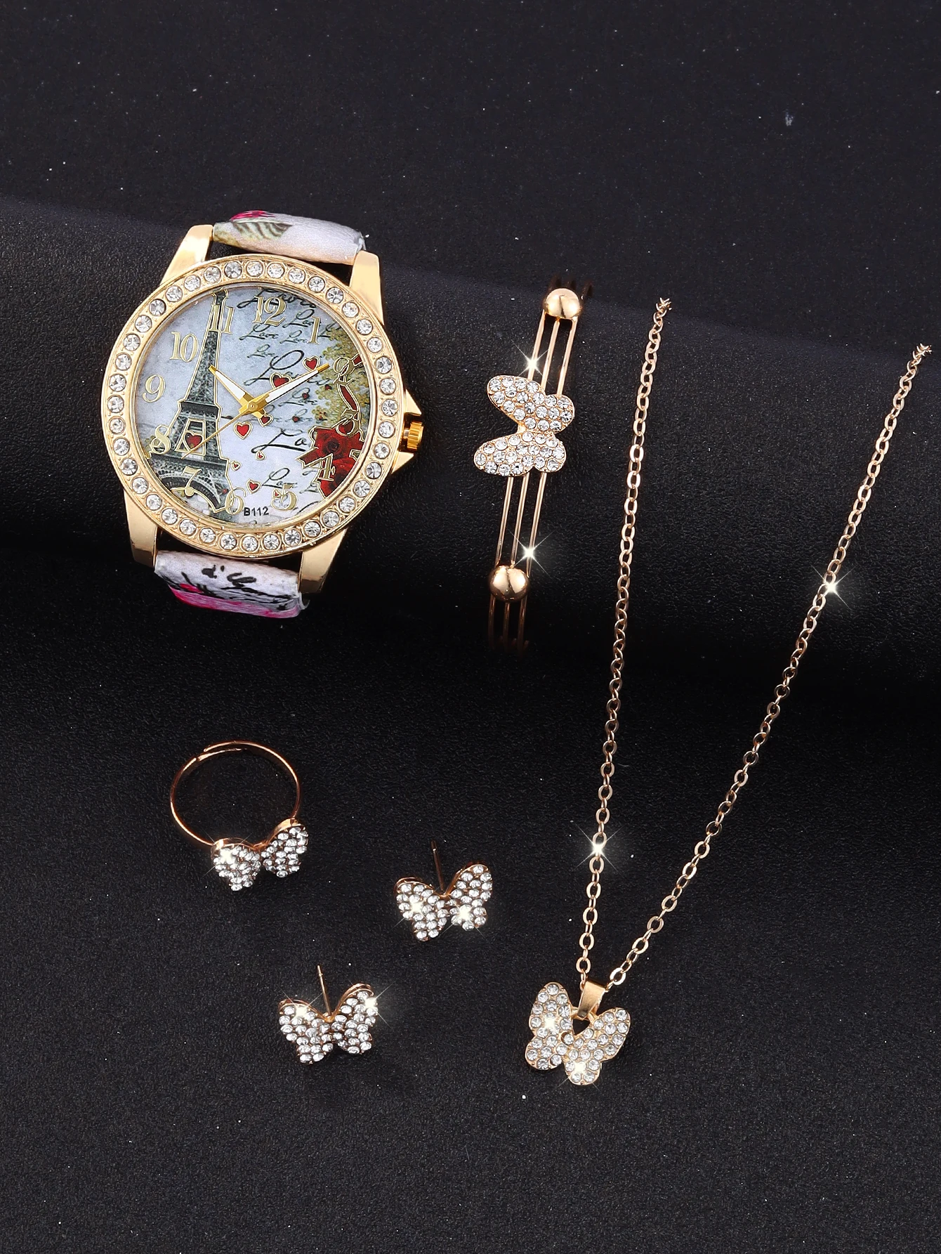 6pcs stylish Eiffel Tower Love Ladies Rhinestone Mirror quartz Watch with Diamond full butterfly bracelet Ring necklace set