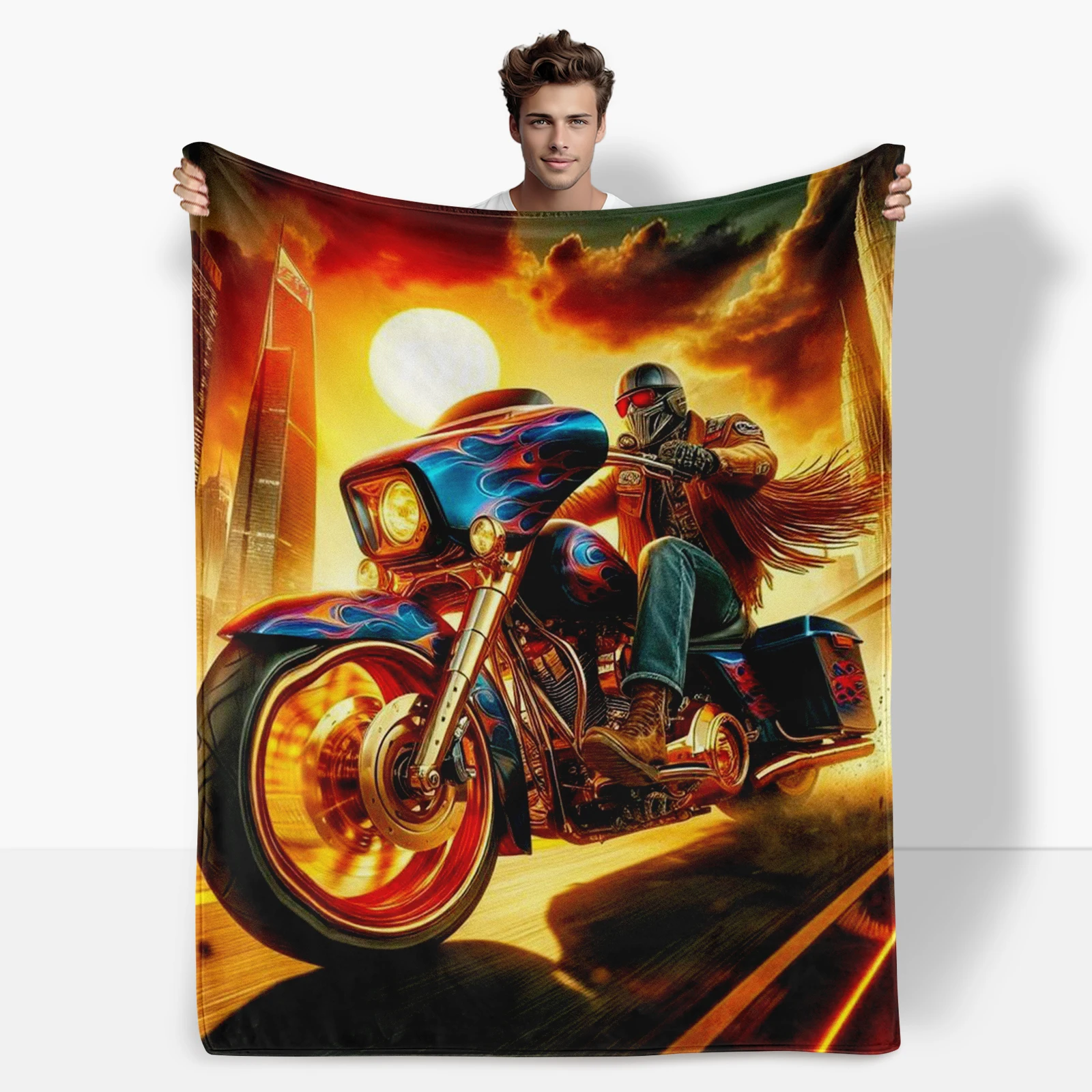 Striking Blanket With Scenes Of A Motorcycle Roaming Through A Desolate Urban Landscape Perfect For Loved Ones