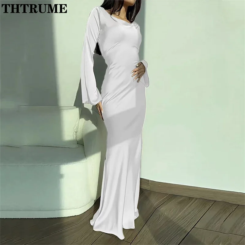 Elegant Women Satin Dress Fashion Autumn Round Neck Flare Long Sleeve Lace Up Bow Maxi Dresses Evening Party Club Vestidos Robe