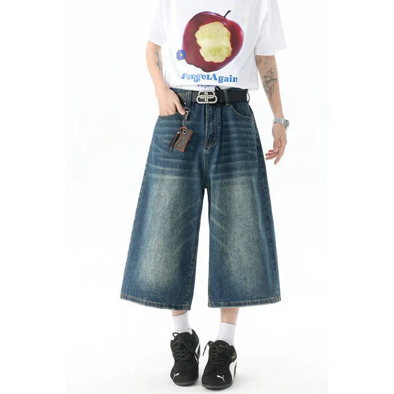 Trendy High-Waisted Wide-Leg Cropped Jeans for Men 2025 Summer Casual Stretch Denim Capri Pants Comfort Fit & Stylish Outfit 8XL