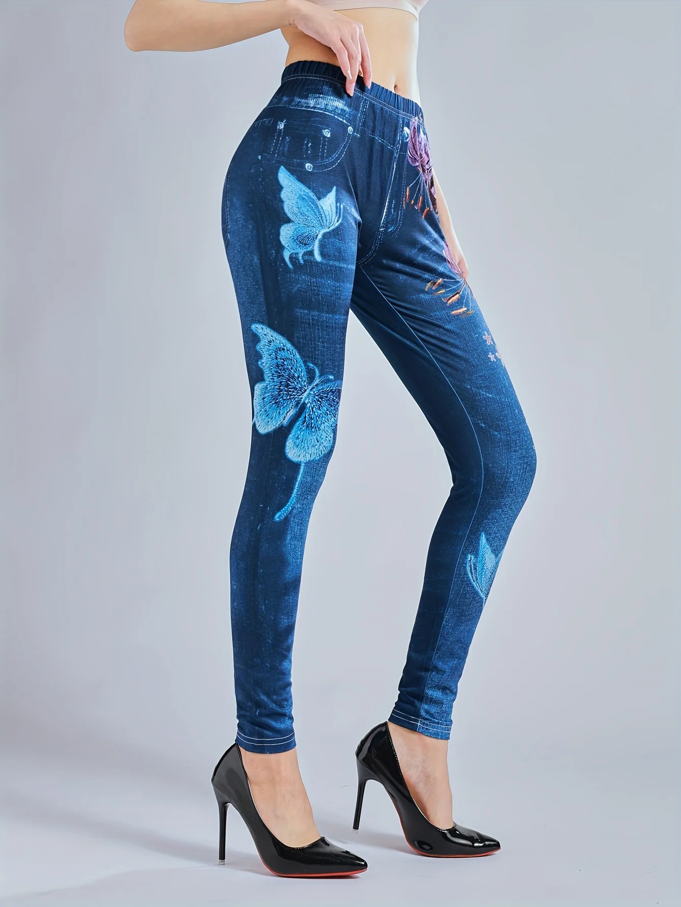 Nieuwe Stijl Denim Geïnspireerde Broek Met Bloemenprint En Slanke Pasvorm Met Hoge Elasticiteit, Casual Leggings Met Hoge Taille Voor Dames