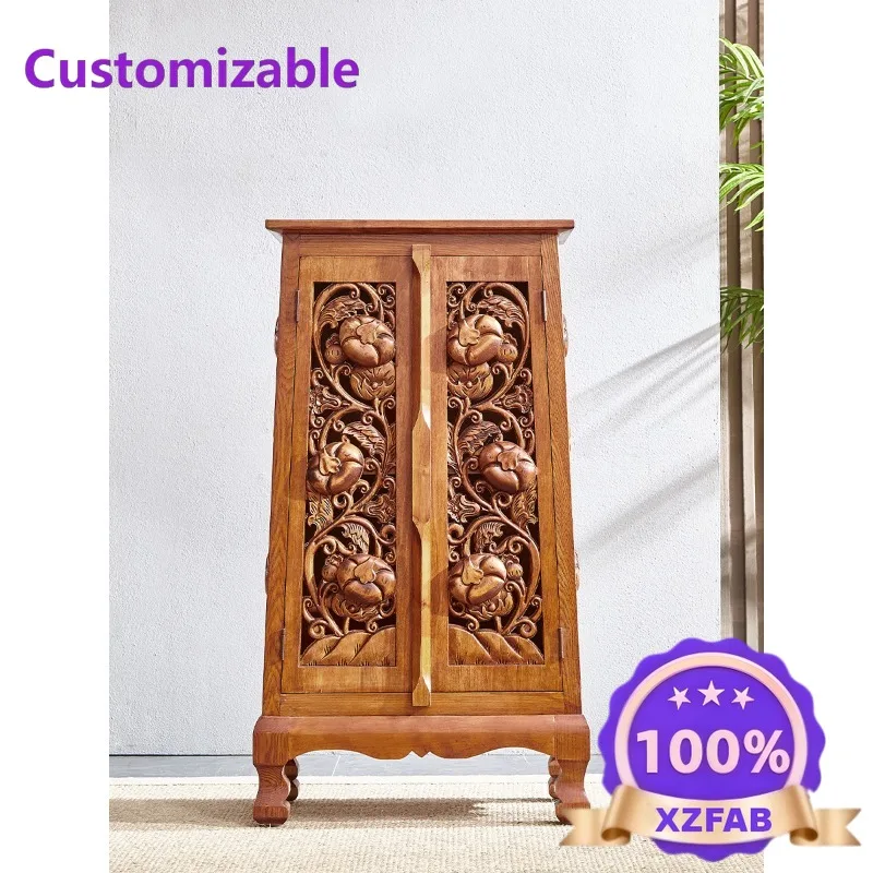 Factory Direct 2026 Solid wood carving flower cabinet carving living room against the wall porch cabinet South East Asia style f