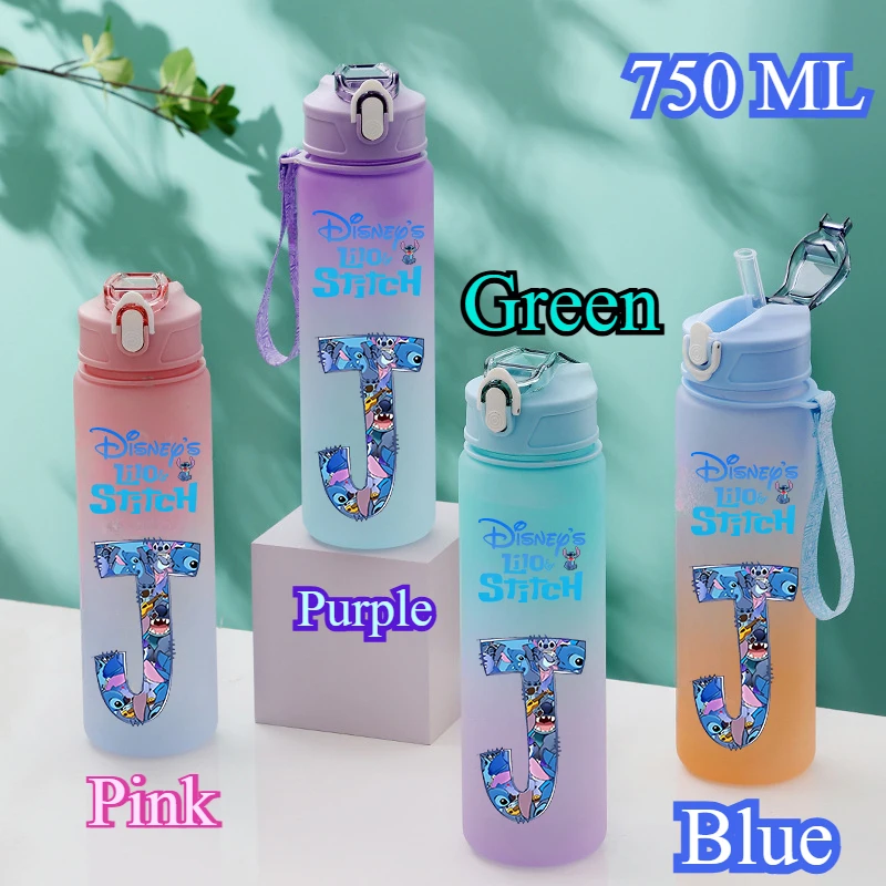 750ML Disney Stitch Letter A-Z Printed Water Bottle Large Capacity Drinking Portable Anime Outdoor Sport Water Cup Bottle Gift