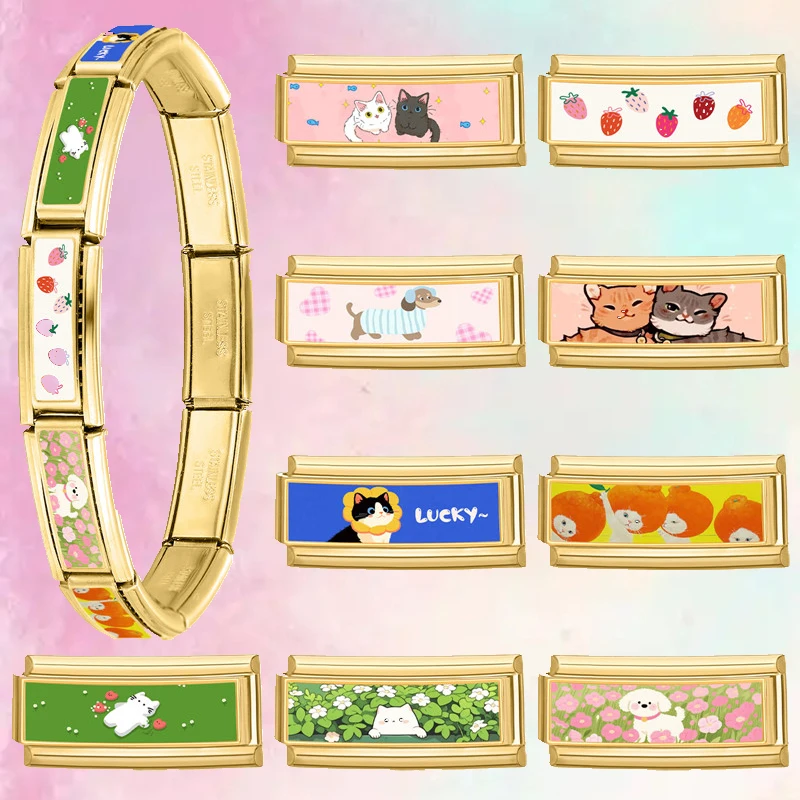أزياء لطيف القط الكلب الذهب اللون طويل الإيطالية سحر الروابط صالح 9 ملليمتر الفولاذ المقاوم للصدأ سوار المرأة DIY صنع المجوهرات هدية #1