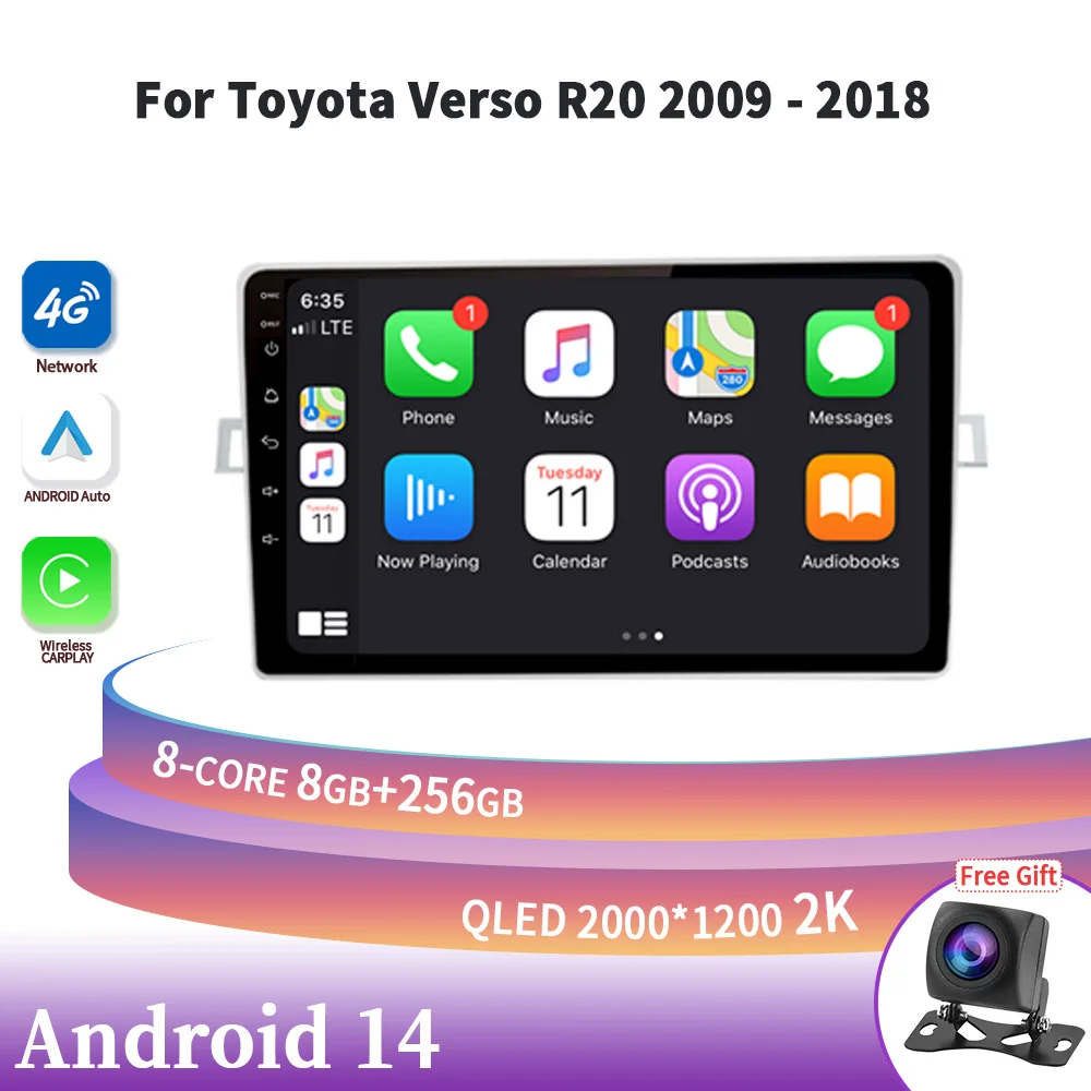 

Auto Radio Multimedia Navigation 4G GPS Android 14 For Toyota Verso R20 2009-2018 Car Screen Wireless Carplay Stereo Head Unit