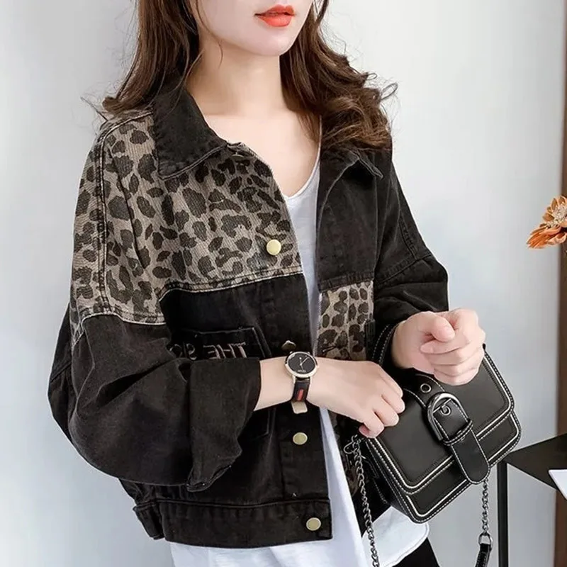 Spring Autumn Trendy Leopard Print Tops 2024 Women Large Size 4XL Printing Denim Coat Korean Ladies Fashion Short Jeans Jacket