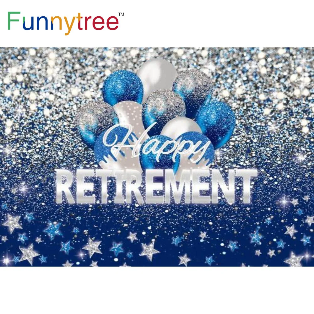 Funnytree Happy Retirement Party Background Silver Blue Glitter Stars 50 60th Birthday Celebrate Congrats Photophone Backdrop