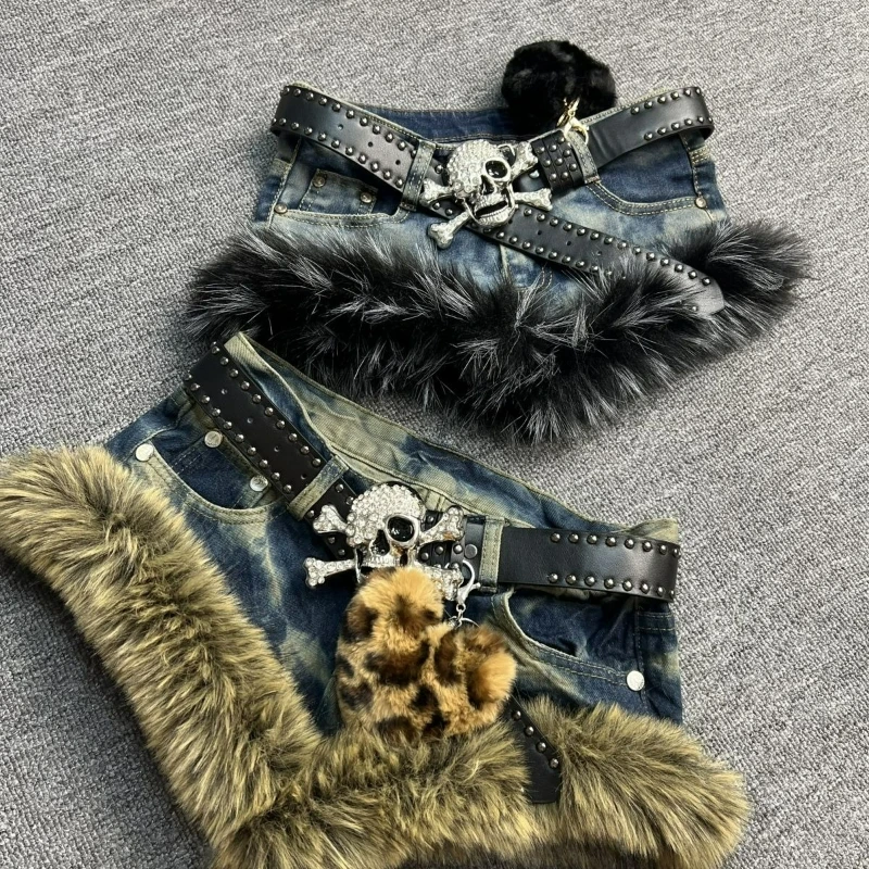Japanese Gothic Style Denim Shorts Women Vintage Fashion Plush