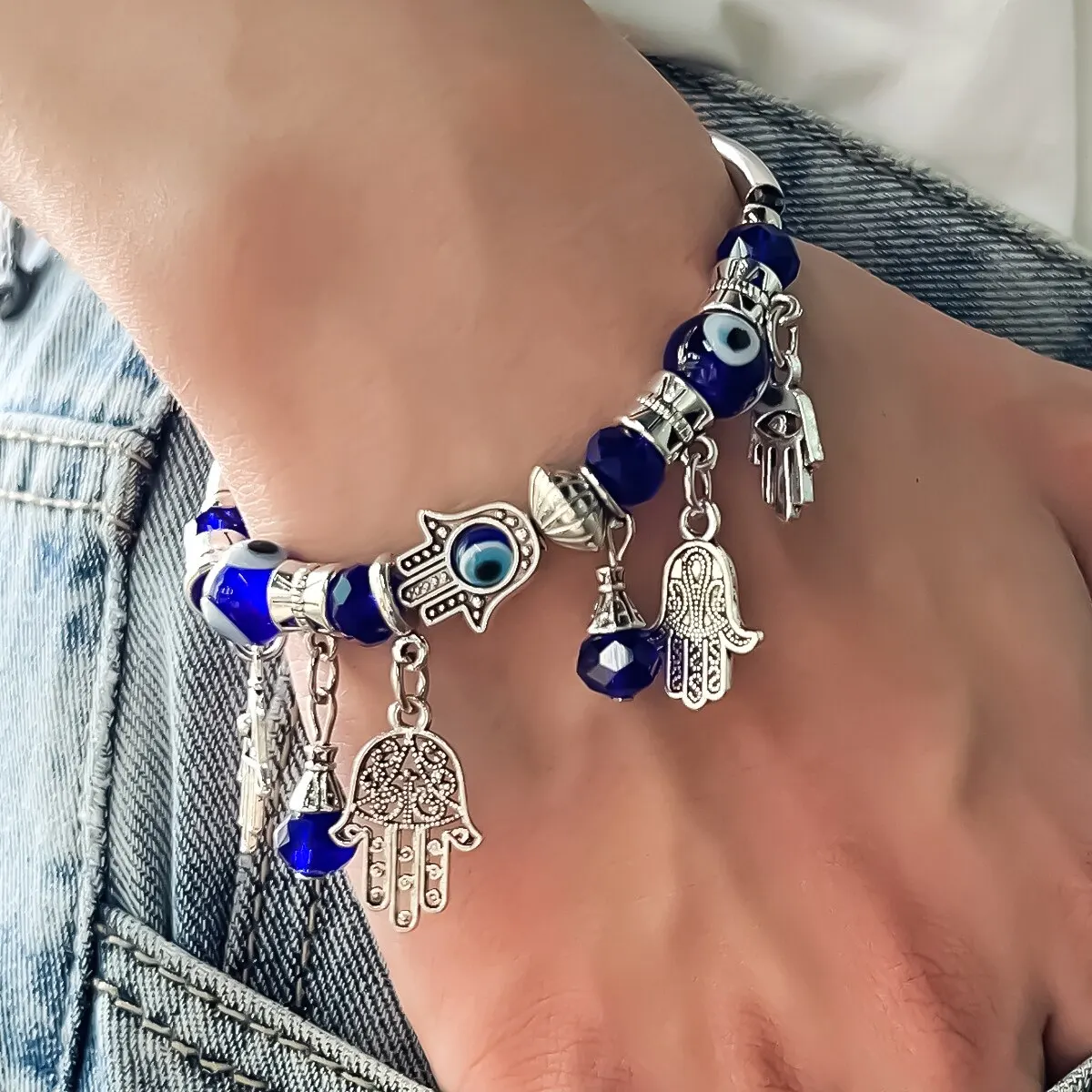 Blue Gold Accessory Devil's Eye Fatima Hands Crystal Metallic Palm Pendant Personality Bracelet