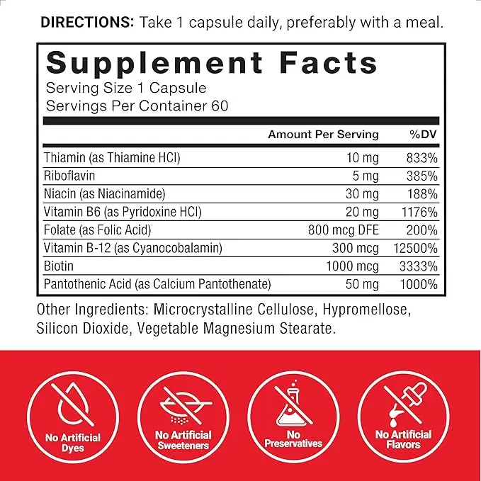 Vitamin B complex, containing vitamin B1, vitamin B2, vitamin B3, vitamin B6, vitamin B12, etc., vegetarian, non GMO