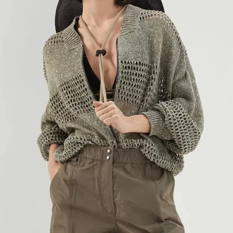 Otoño nuevo cárdigan de punto con huecos de lentejuelas mezcladas de lino con cuello redondo para mujer y2k chaqueta casual simple de moda de alta calidad
