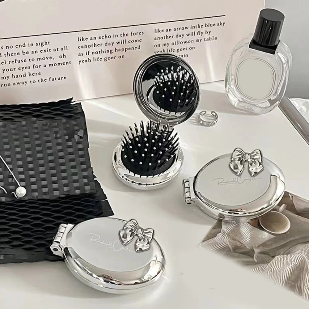 Tragbare Mini Silber Taschenspiegel Klappkamm Mädchen Frauen Runde Kleine Reise Massage Haarbürste mit Spiegel Styling Zubehör