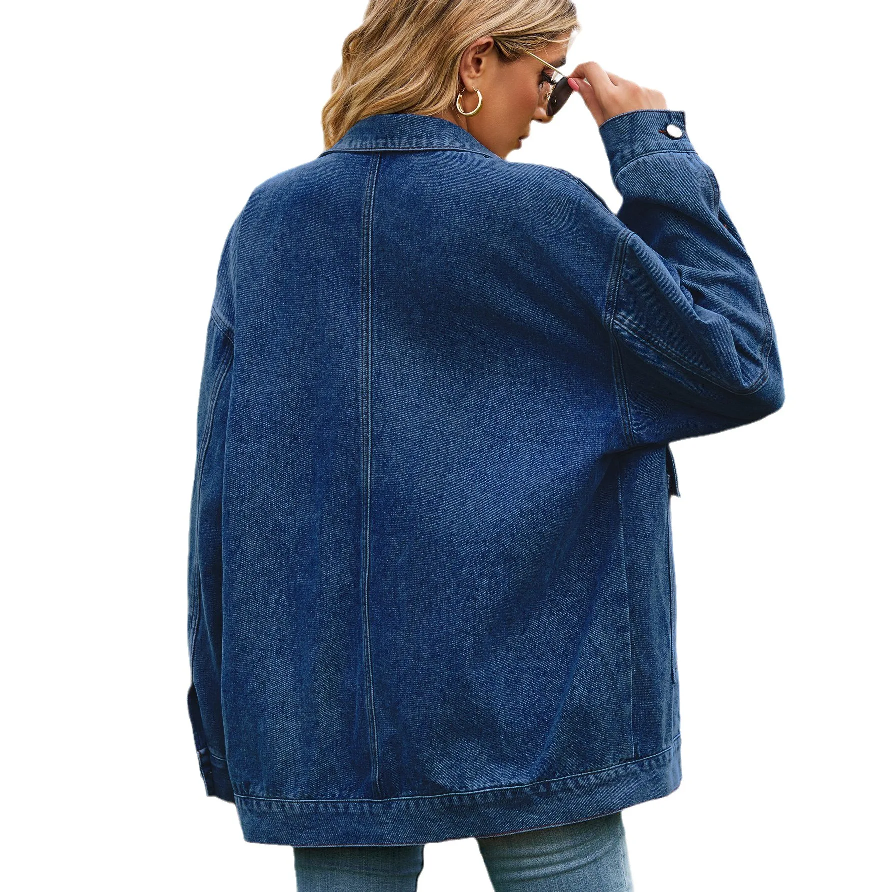 Dżinsowy płaszcz w stylu vintage, luźny krój, długi rękaw, bawełniany, casualowy, modny streetwear.