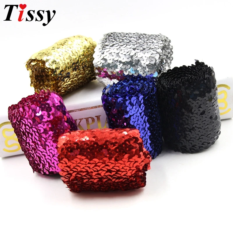 1Meter 7.5CM Width Elasticity Sequin Beading Trim Lace Spangle Ribbon DIY Handcraft Sewing Curtain Accessories Party Decoration