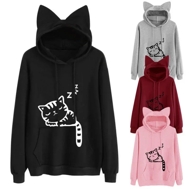 2020 meistverkauftes Loose Fit Fleece-Druck-Kapuzenpullover mit Katzenmuster EBay Hot Item Sweatshirt mit Kappe