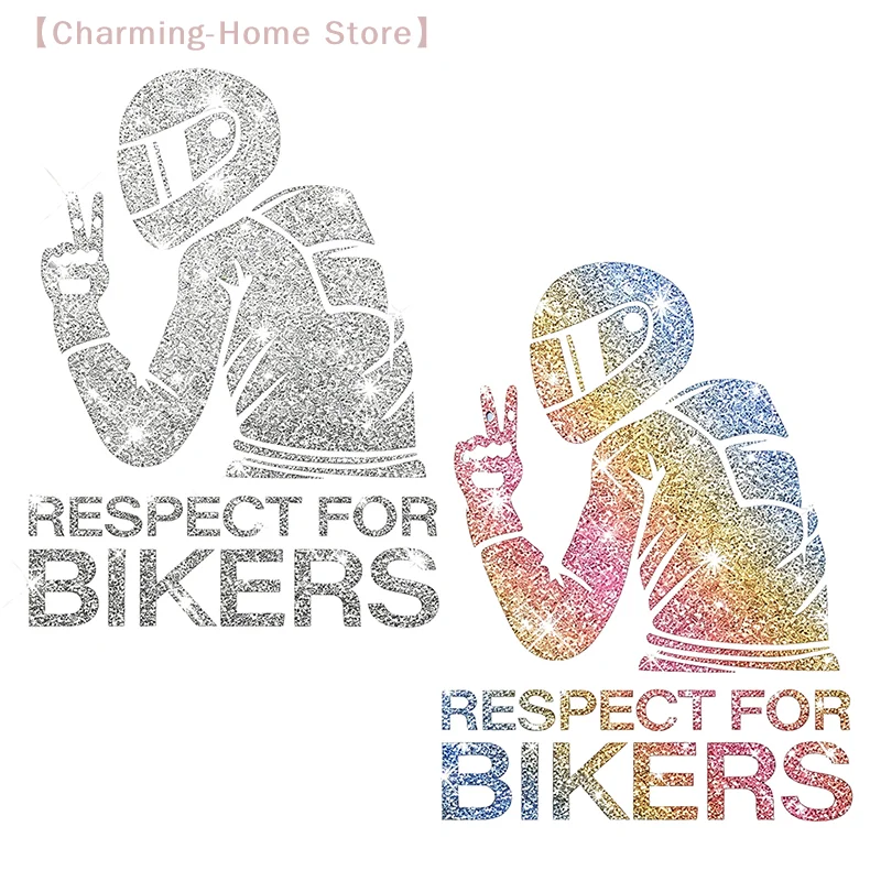 【M】Glitter Respect For Bikers Removable Vinyl Stickers No Residue Bling Decals For Motorcycle Car Truck Van Laptop Wall