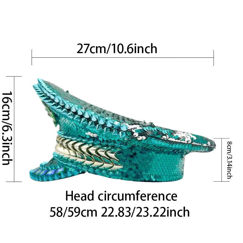 HongLuan Gelber Laser-Leder-Loop-Kapitänshut mit Strasssteinen und Militärkappen für Damen, Rave-Festivals-Accessoires und Partymütze für Herren