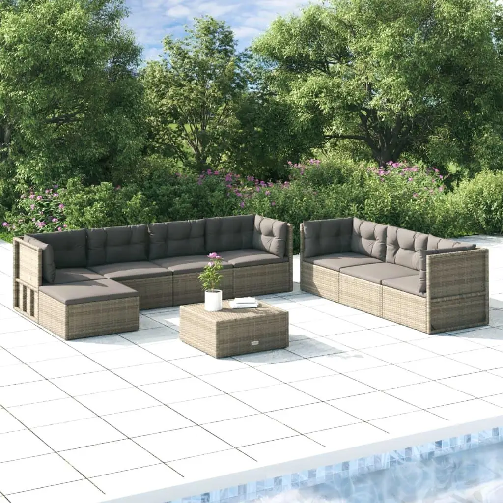 8-Piece Gray Poly Rattan Patio Lounge Set with Cushions - Stylish Outdoor Furniture