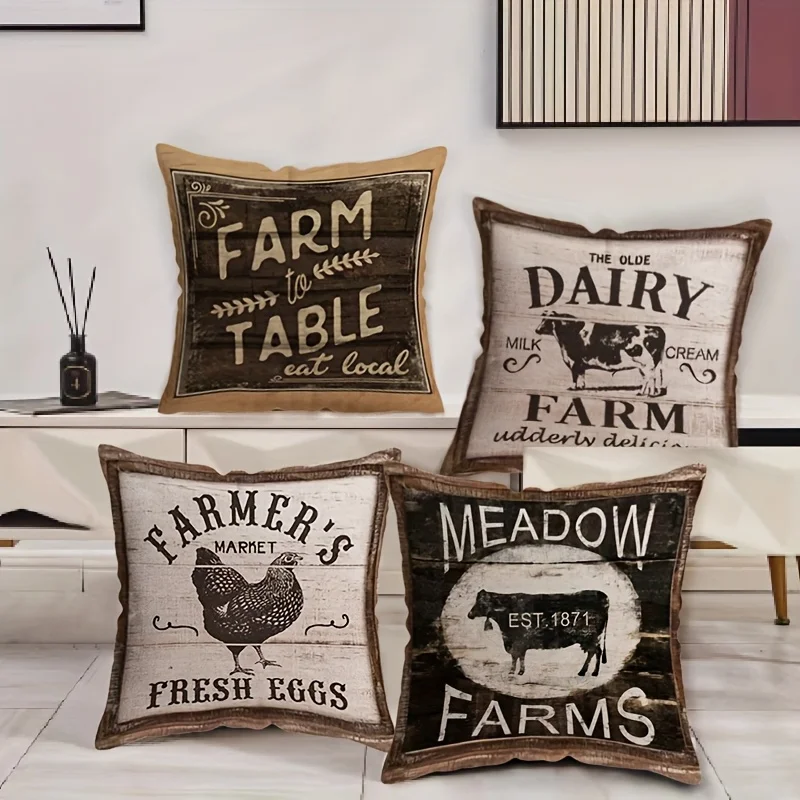 4Pcs Rustic Woodgrain Pillow Covers - Farm Animal Rooster/Bull Print Polyester Cushion Covers for Vintage Cottage Decor