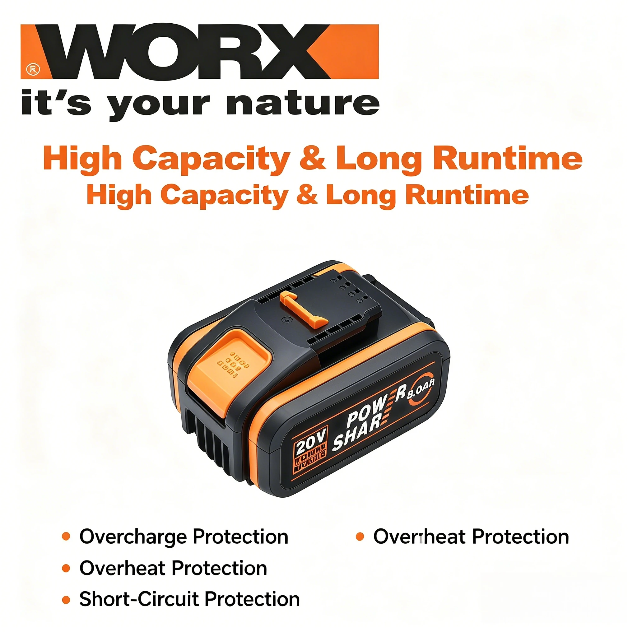 8000mAh High Capacity 20V Lithium Ion Battery for Worx WA3551 WX390 WX176 WX550 Long Lasting Rechargeable Power Tool Battery
