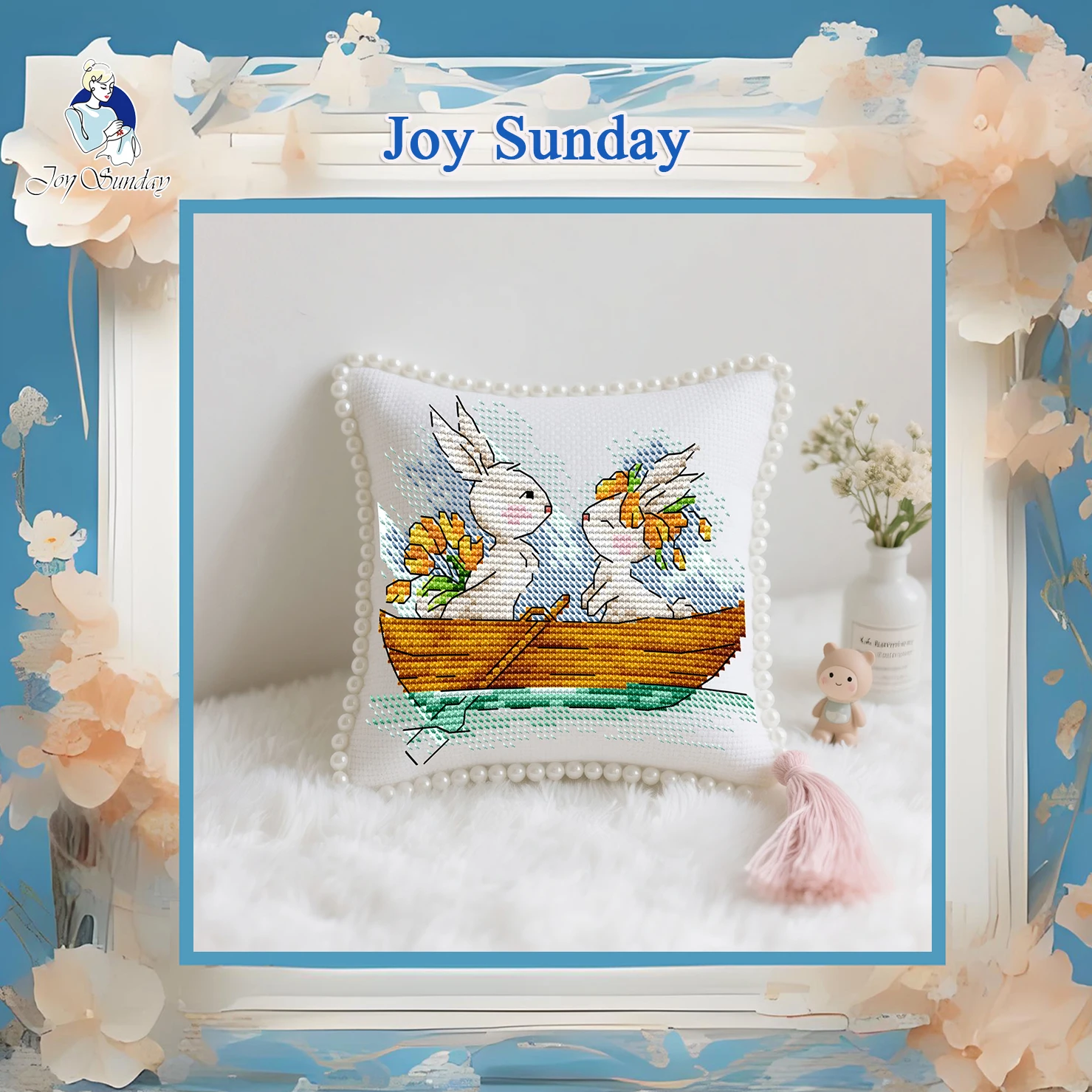 

Joy Sunday Pre-printed Cross Stitch Kit Easy Pattern Aida Stamped Fabric Embroidery Set-The Rabbit's Boating