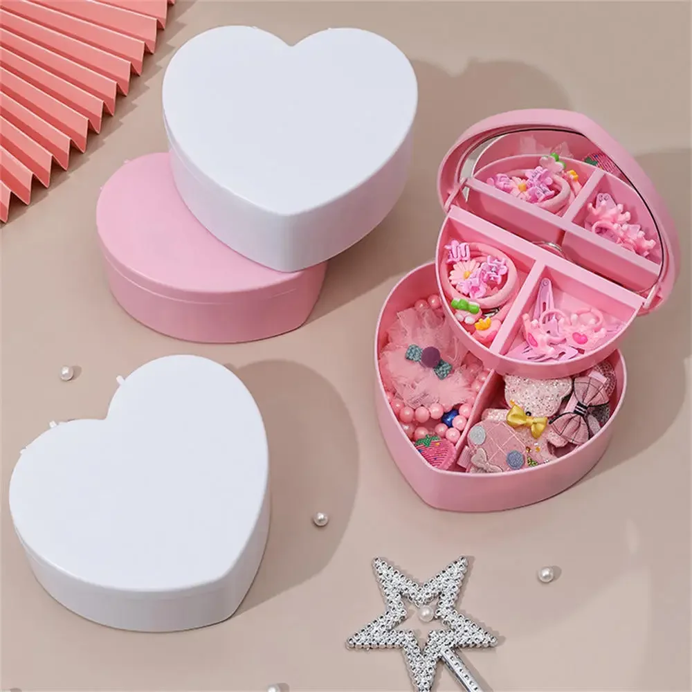 Caixa de jóias em forma de coração para menina Organizador de maquiagem com espelho Cute Plastic Box Make Up Storage Container Ferramenta de jóias