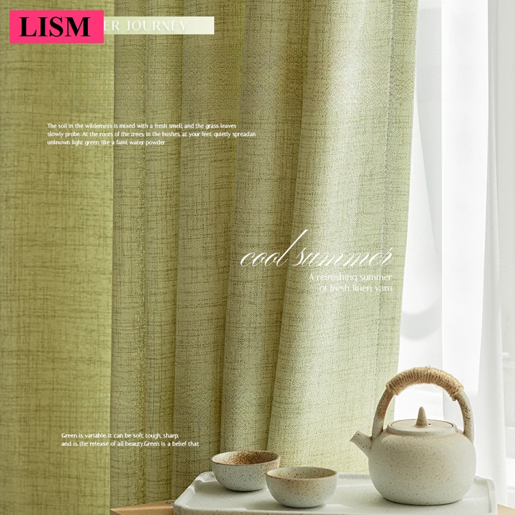 

Solid Color Cotton and Linen Curtains Custom Linen Yarn Bedroom Living Room Translucent and Non Permeable Human Green Fabric New