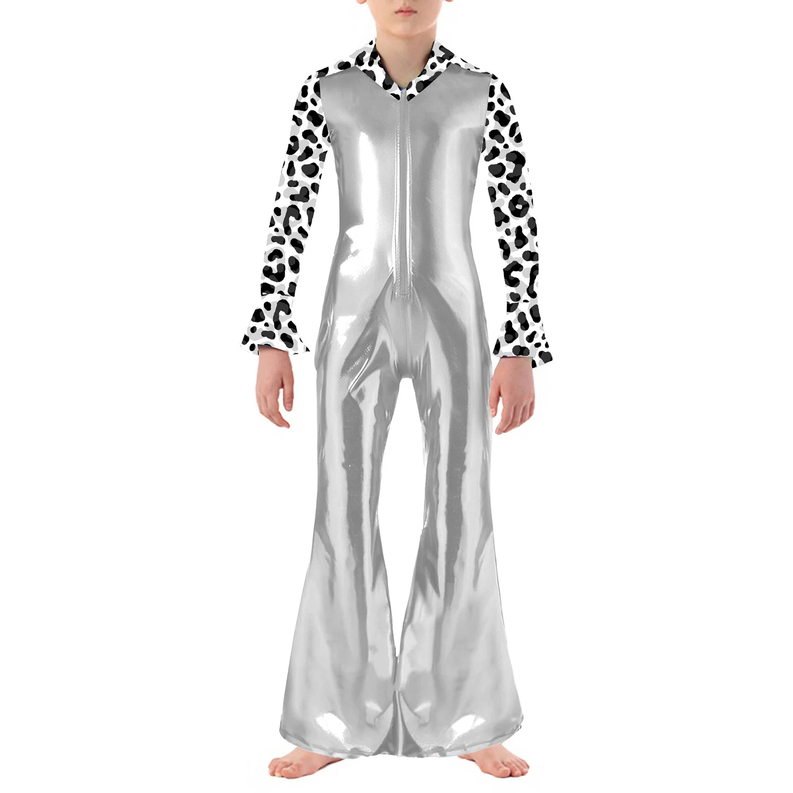 

Kids Boys Fashion Party Disco Jazz Dance Performance Jumpsuit Costume Shiny Metallic Bell-Bottomed Pant Waltz Tap Dance Jumpsuit