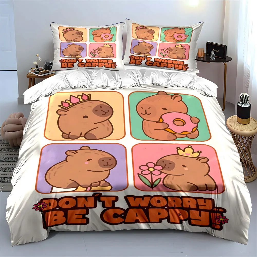 Cute capybaras with crowns and treats Printed Duvet Cover Set 1 Duvet Cover+2 Pillowcase Multi Size Bedroom Bedding Decoration